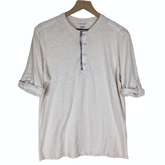 CALVIN KLEIN Top Henley Roll Tab 3/4 Sleeve Zipper Detail Military Utility Large - Picture 1 of 9
